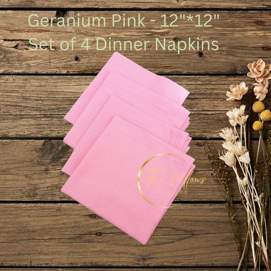 Premium Fabric Dinner Napkin Set  - 4 * 12"x12" – Geranium Pink Colour – Table Setting Napkin